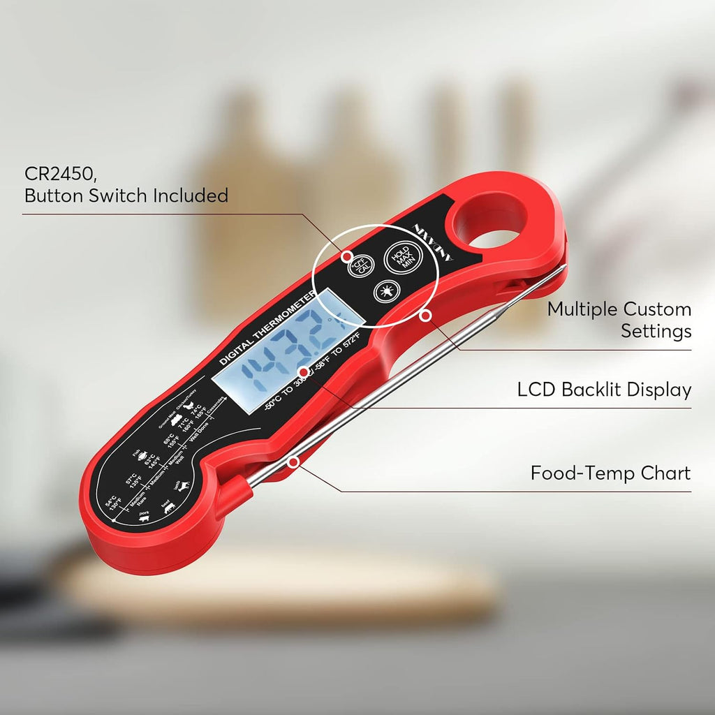 Meat Thermometer Digital For Grilling And Cooking - Andaxin Waterproof Ultra-Fast Instant Read Food Thermometers With Backlight & Calibration For Kitchen, Deep Fry, Bbq, Grill(Red/Black), Lcd
