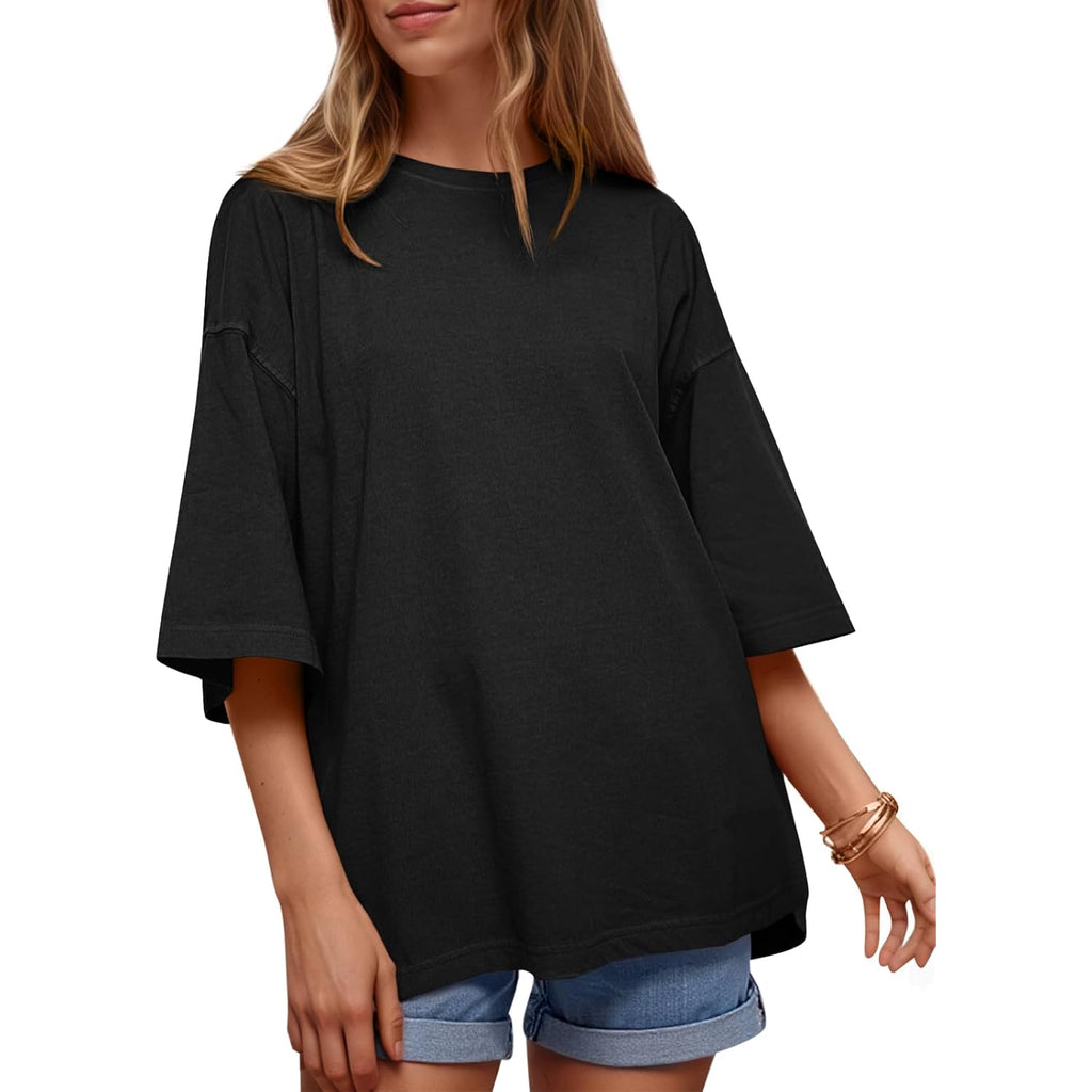 Tankaneo Womens Oversized Half Sleeve T-Shirts Summer Casual Crew Neck Tunic Tops Loose Fit Boxy Basic Tees