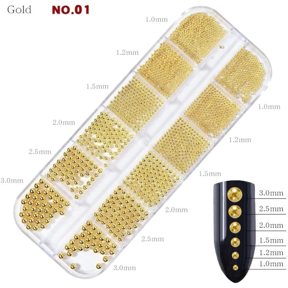 0.8mm Mini Small Nail Beads Stainless Steel Beads Nail Chain Charms Nails Art Decorations Gun Grey Nail Studs Gold Caviar Nail Charms DIY Tool Nail Studs Accessories Cold Nail Gems (Gold)