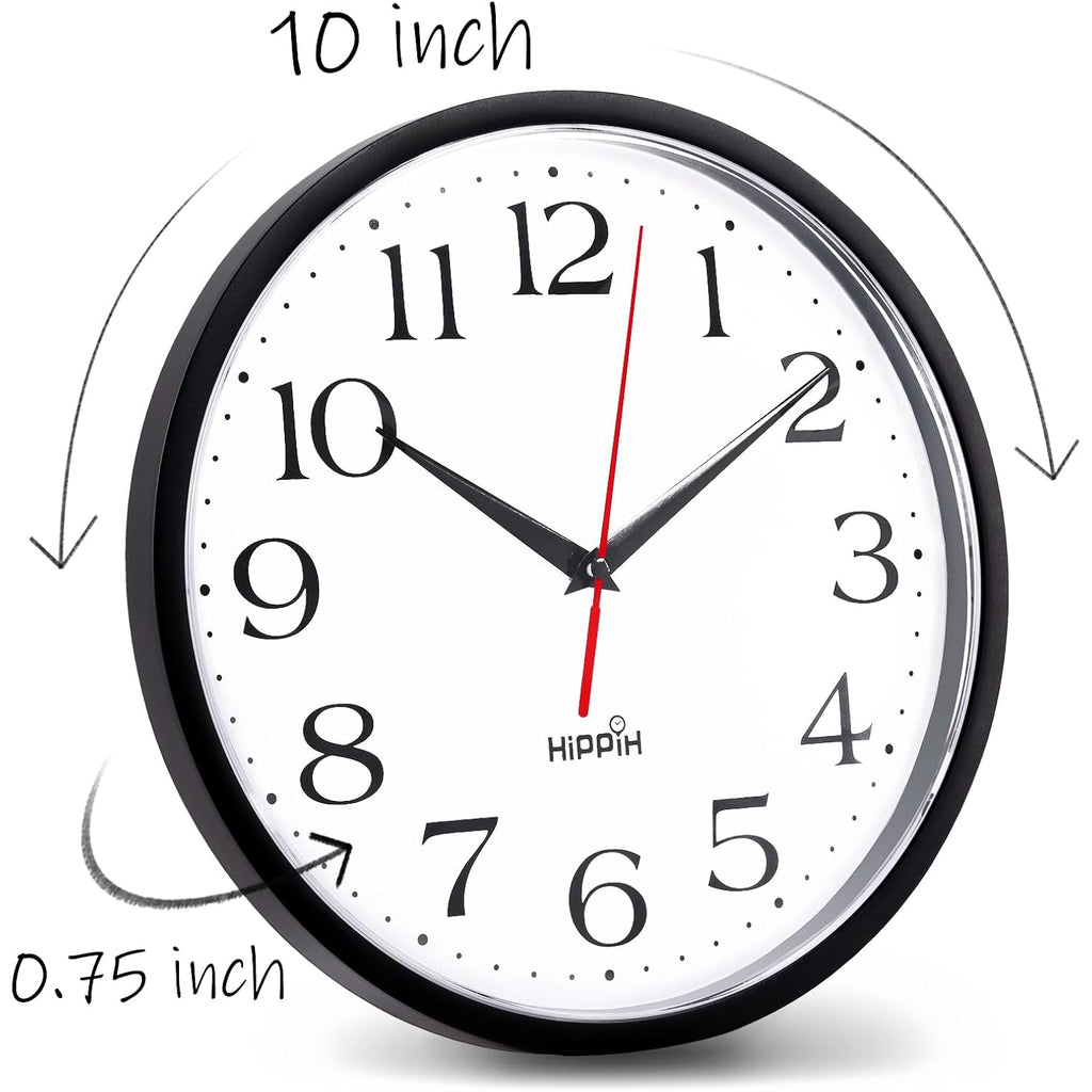 2 Pack Silent Wall Clock, 10 Inch Non Ticking Quiet Digital Sweep Decorative Battery Operated Wall Clocks For Living Room Bedroom Kitchen School Office Decor, Black