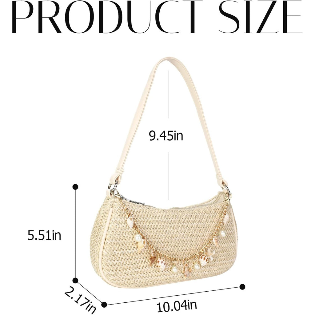 Women'S Boho Seashell Pearl Beaded Straw Clutch Purse Summer Woven Beach Bag Vacation Shoulder Handbags