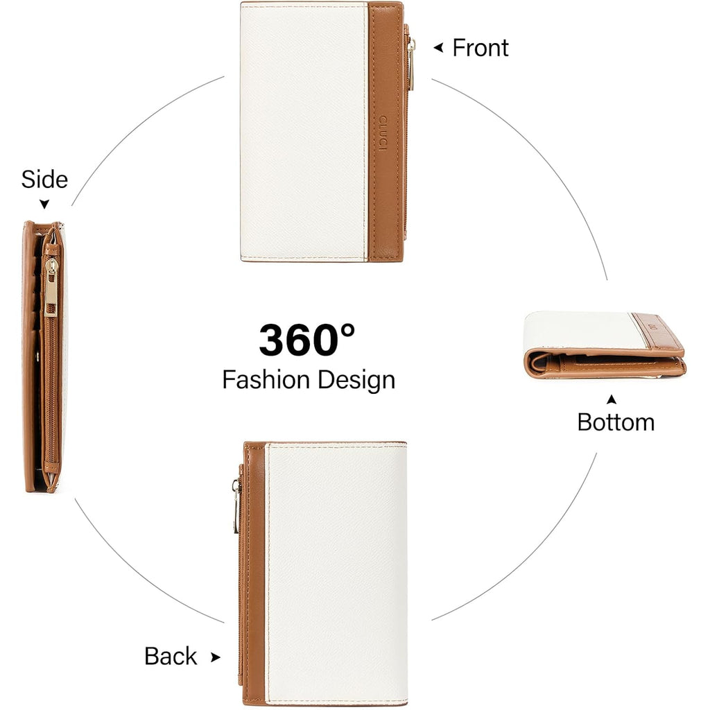CLUCI RFID Wallet Women PU Leather Small Women Wallet Blocking Bifold Ladies Wallet Credit Card Holder Beige with Brown