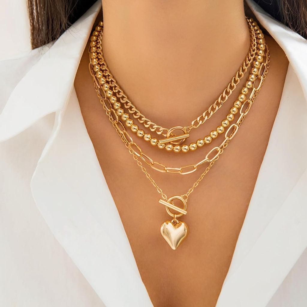 Otxas Layered Necklace for Women Non Tarnish Chunky Necklace Stack for Women Paperclip Chain Necklaces Retro Coin Medallion Heart Pendant Necklaces Chunky Jewelry Set