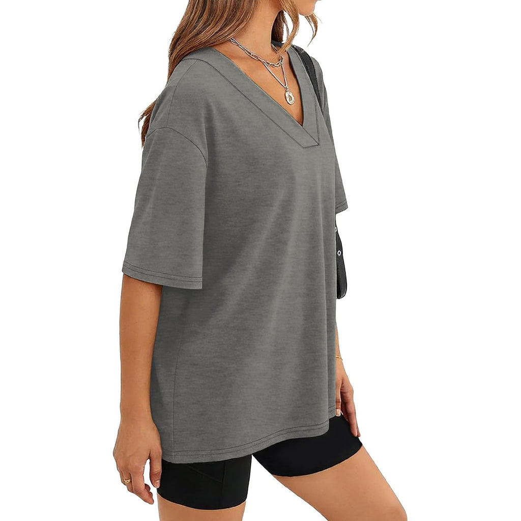 Wiholl Oversized Tshirts For Women 2026 Summer Tops Short Sleeve V Neck Shirts Basic Tee