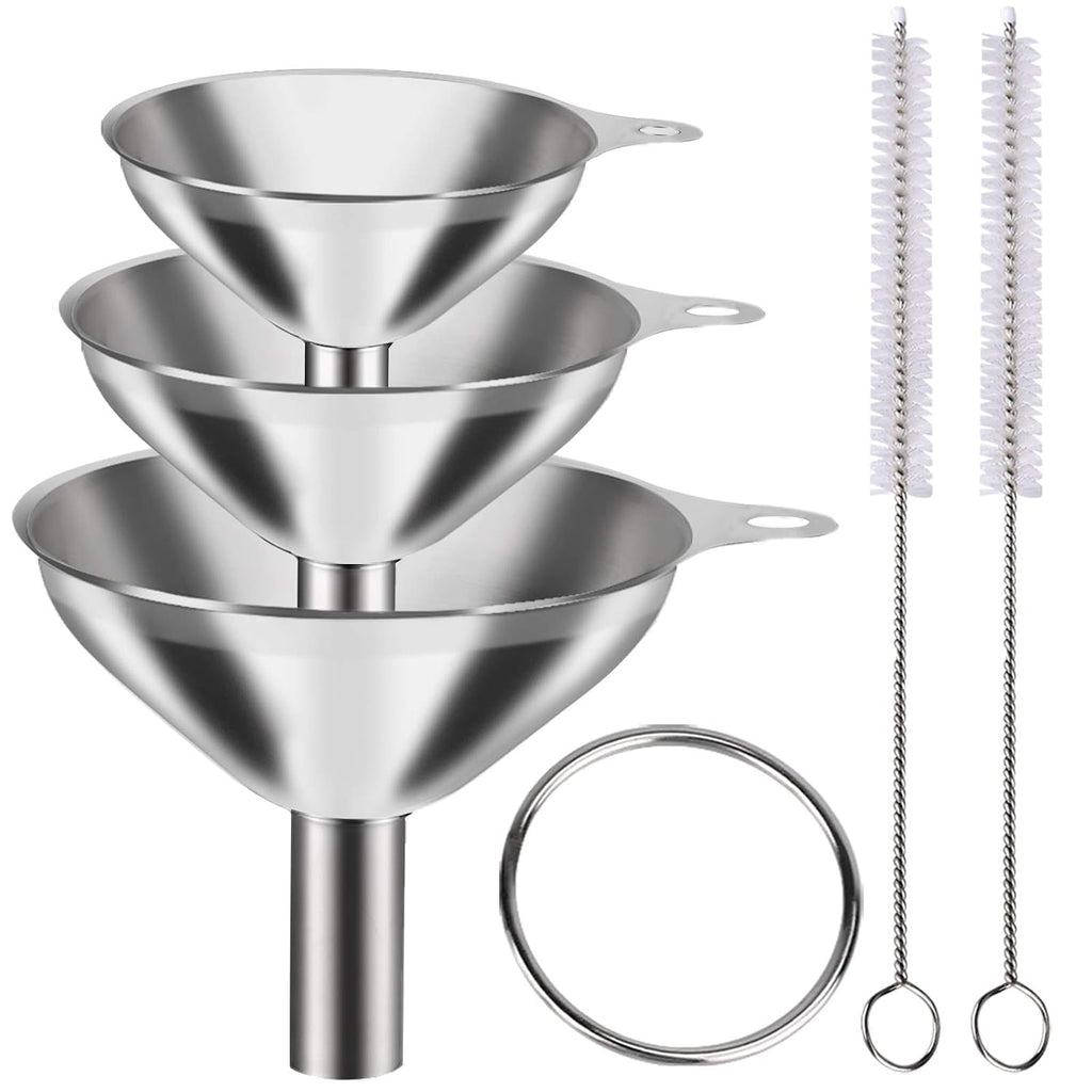 Metal Stainless Steel Funnel, Large Medium Small Funnel Set Of 3, Food Grade Mini Funnels For Kitchen Use Filling Bottles Flask Cooking, 2 Brushes Ylyl
