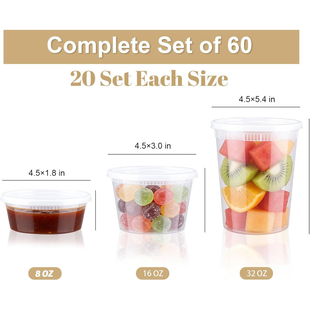 60 Sets Deli Containers With Lids, 32/16/8 Oz X 20 Set Each, Leak-Proof & Bpa Free Airtight Takeout Plastic Food Storage Containers For Soup, Freezer/Microwave/Dishwasher Safe