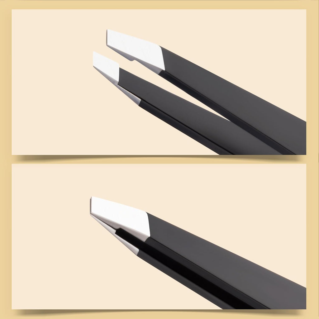 2-Pack Tweezers for Eyebrows, Facial Hair, Ingrown Hair Removal, Slant and Point Tip Tweezer Set for Women and Men, Professional Stainless Steel Precision Eyebrow Plucking Grooming with Case - Black