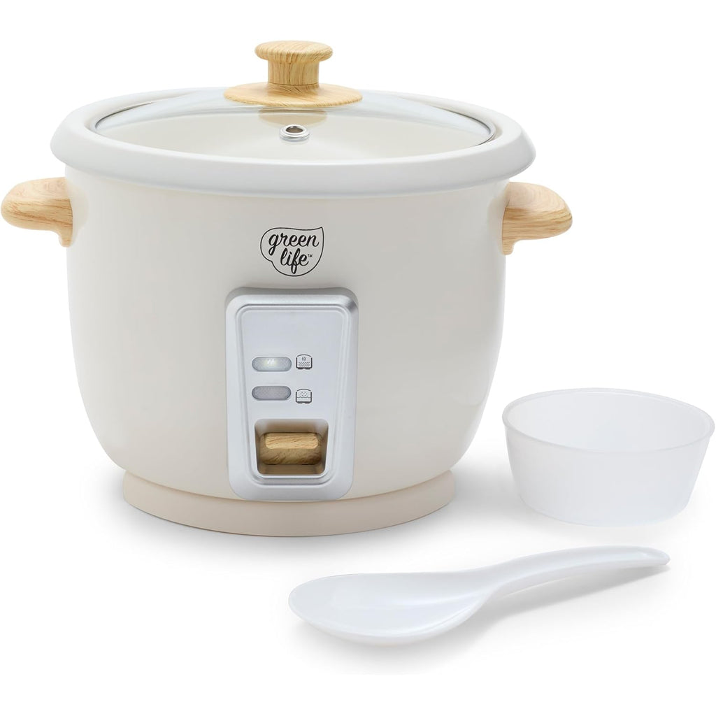 GreenLife Rice Cooker with Removable PFAS-Free Ceramic Nonstick Pot, 3-Cups Uncooked/6-Cups Cooked, Grains & Oatmeal Multicooker, Compact One-Switch Design, Auto Keep Warm, Easy Clean, Cream