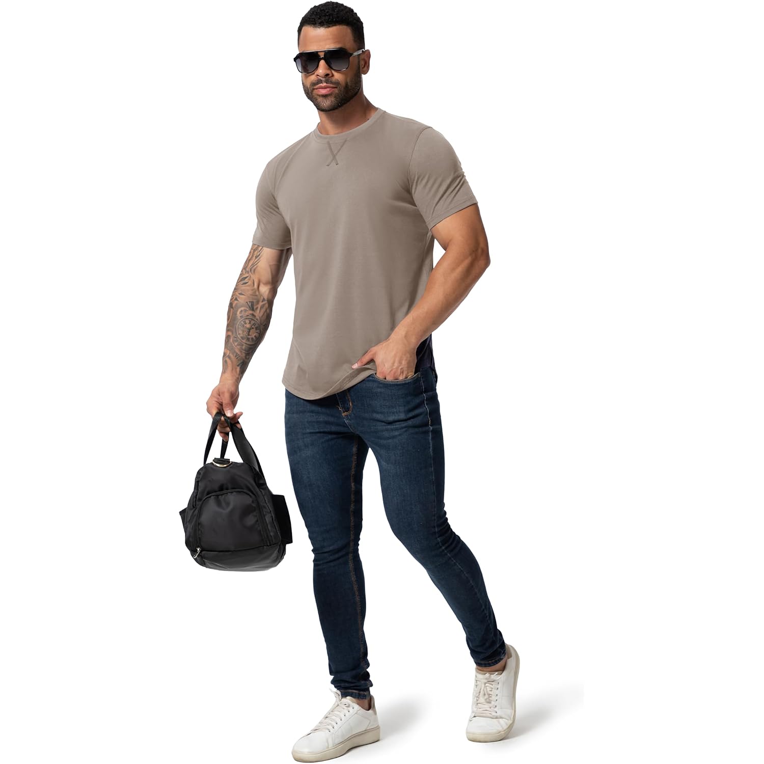 Mens 3 Pack Plain Cotton Shirts Short Sleeve Casual Crew Neck T-Shirts Hipster Hip Hop Longline Tees Drop Cut Curved Hem