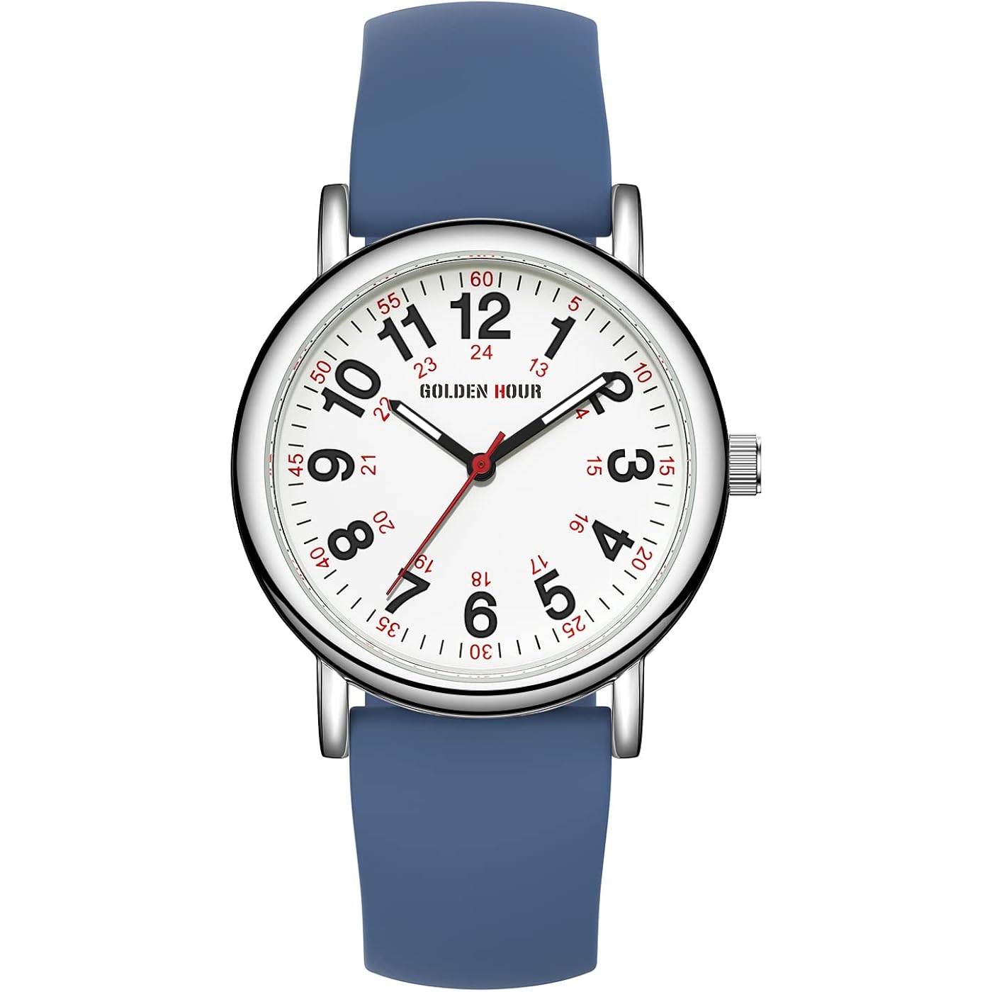 Golden Hour Waterproof Nurse Watch For Medical Professionals, Students Women Men - Military Time Luminouse Easy Read Dial, 24 Hour With Second Hand, Colorful Silicone Band