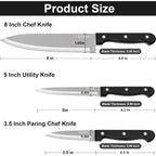 Kitchen Knife, 3-Pcs Knife Set, 8 Inch Chef Knife, 5 Inch Utility Knife, 3.5 Inch Paring Knife, Ultra Sharp Chef's Knives in High Carbon Stainless Steel, Ideal for Cooking, Chopping, Slicing and BBQ