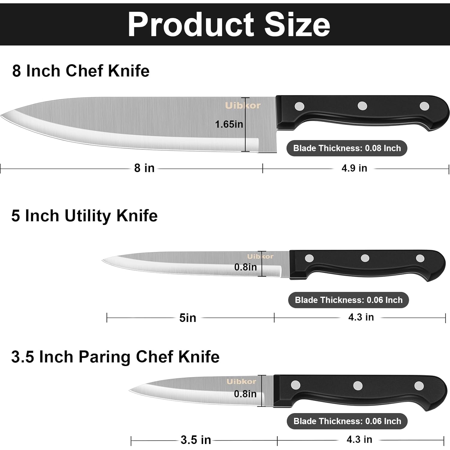 Kitchen Knife, 3-Pcs Knife Set, 8 Inch Chef Knife, 5 Inch Utility Knife, 3.5 Inch Paring Knife, Ultra Sharp Chef's Knives in High Carbon Stainless Steel, Ideal for Cooking, Chopping, Slicing and BBQ
