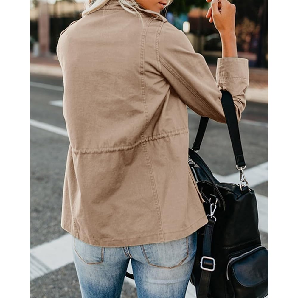 Womens Military Jacket Zip Up Snap Buttons Lightweight Utility Anorak Field Safari Coat Outwear