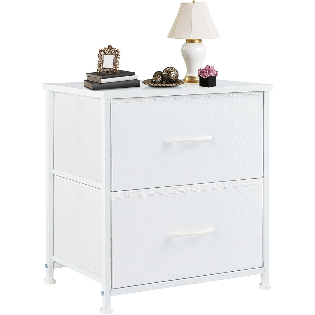 Dumos Night Stand Small Dresser For Bedroom With 2 Drawers, Bedside Table | Fabric Bedside Storage Furniture, 20 Inch Tall End Side Table For Closet, Bedroom, White