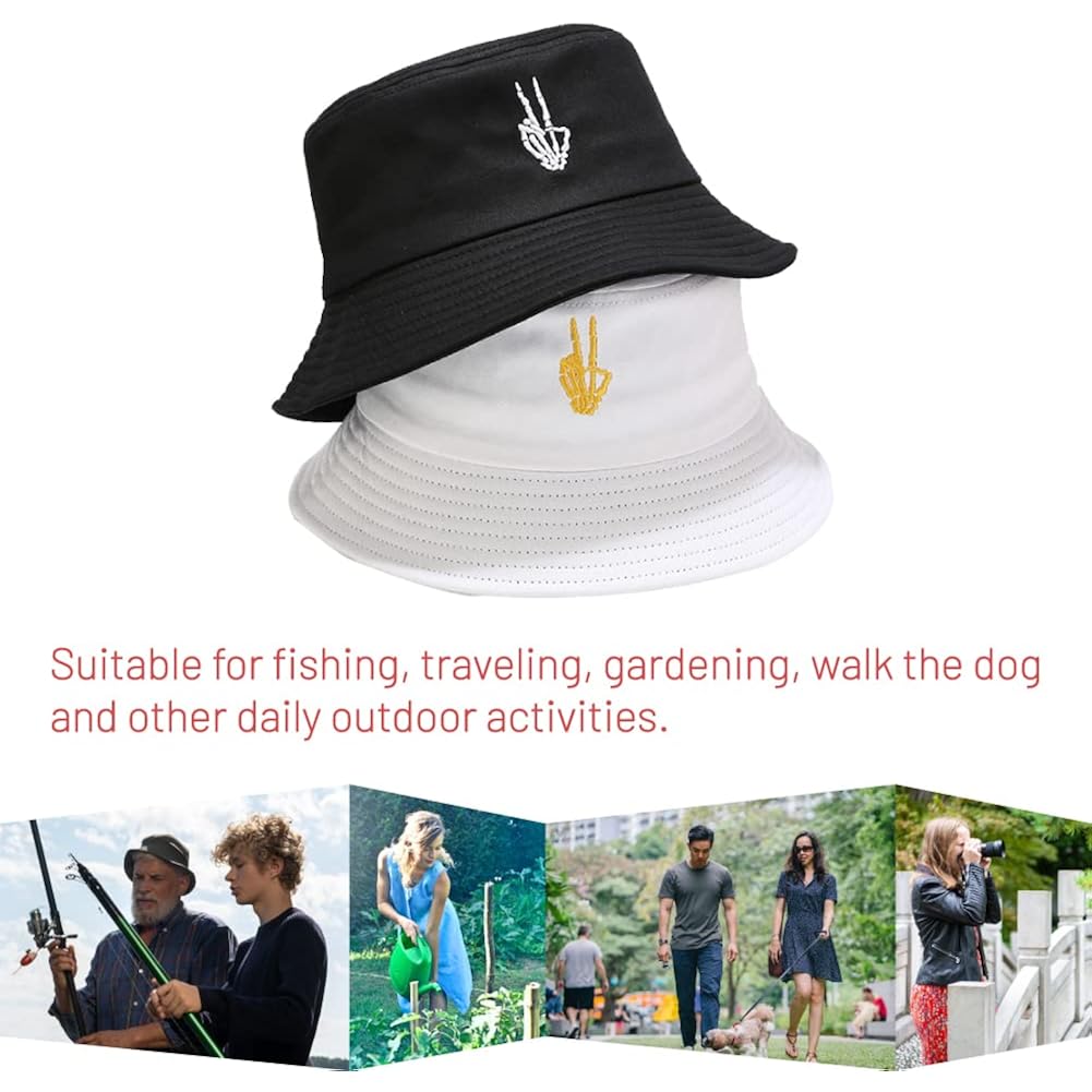 Cotton Bucket Hat for Women Men Summer Travel Sun Beach Bucket Cap, Unisex Outdoor Fisherman Hat Skeleton Fingers Black