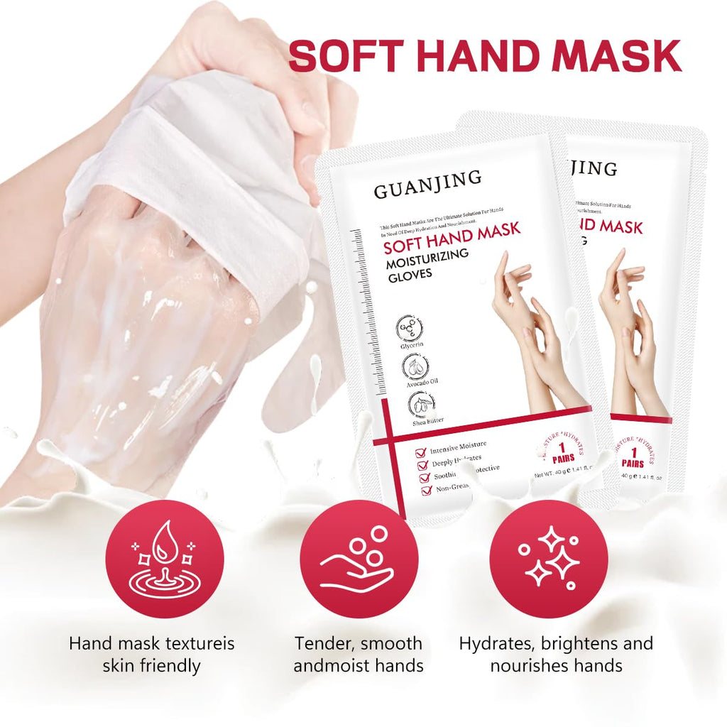 GUAN JING 72-Hour Moisture Lock Hand Mask Moisturizing Gloves with Shea Butter, 2 Pairs-Avocado Oil & Hyaluronic Acid – Deep Repair & Hydration for Dry, Cracked Hands