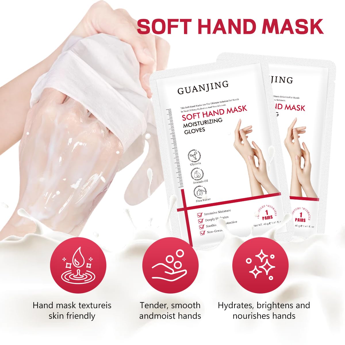 GUAN JING 72-Hour Moisture Lock Hand Mask Moisturizing Gloves with Shea Butter, 2 Pairs-Avocado Oil & Hyaluronic Acid – Deep Repair & Hydration for Dry, Cracked Hands