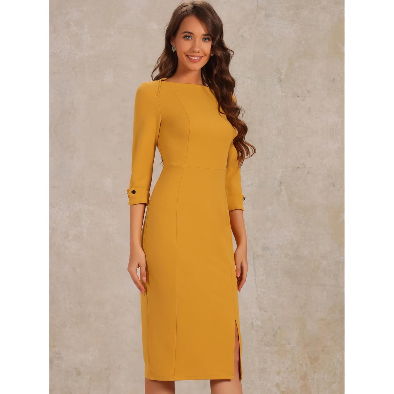 Women's Boat Neck Dress 3/4 Sleeves Work Business Pencil Sheath Dresses