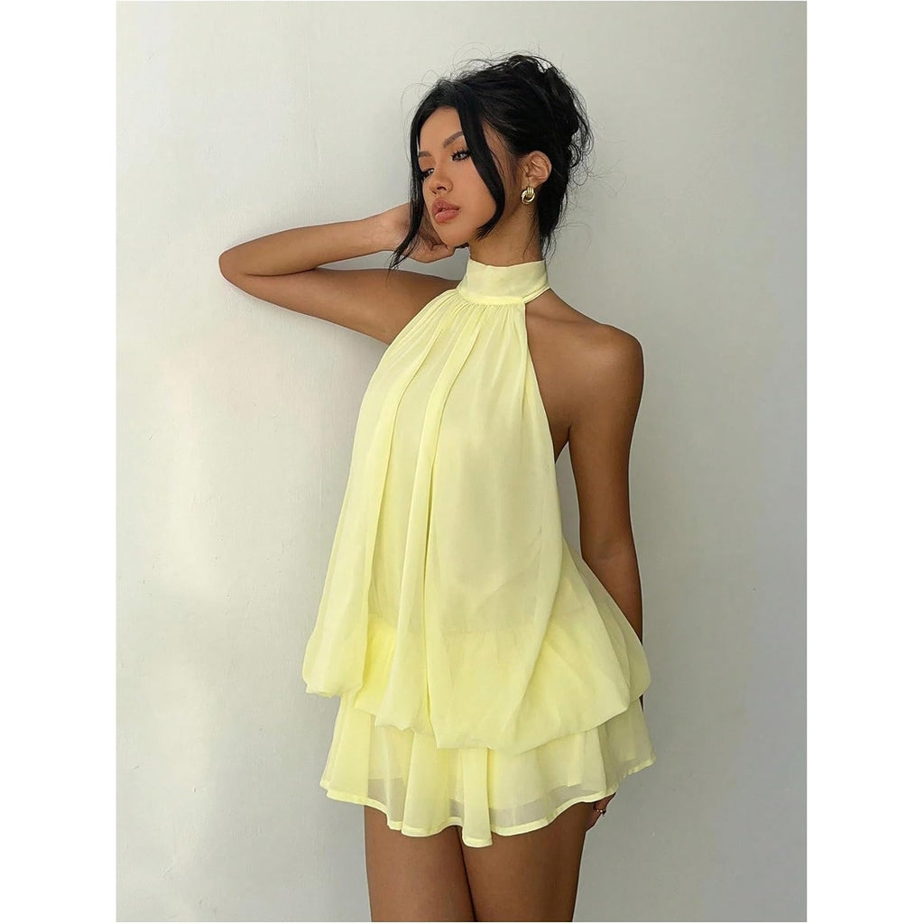 Verdusa Women'S Chiffon Halter Drop Waist Flowy Wedding Guest Mini Dresses