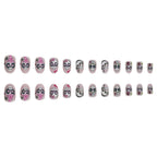 24 Pcs Halloween Press on Nails Short Almond Fake Nail with Cute Skull Flower and heart Designs Full Cover Pink Acrylic Nails Matte Halloween Stick on Nail for Women Nail Manicure Decoration