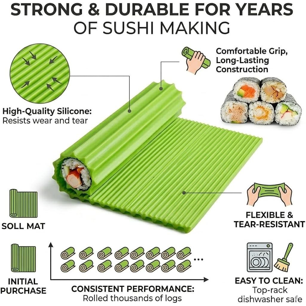 Premium Silicone Sushi Making Kit - Rolling Mat For Beginners And Kids, 8.6 X 7.8 Inch