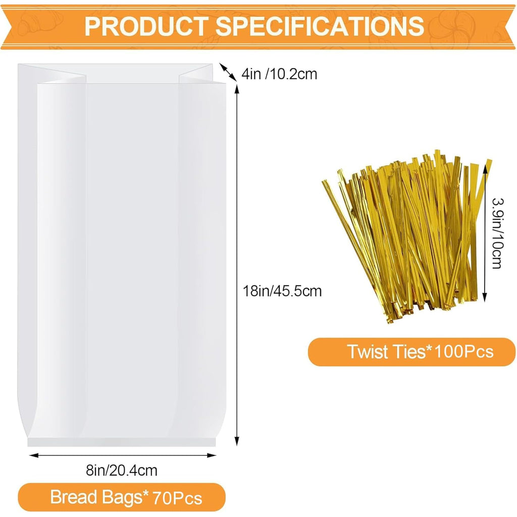 Vivinin 70 Pack Bread Bags & 100 Pack Ties, 8" X 4" X 18" Clear Bread Bags For Homemade Bread, Reusable Plastic Bread Storage Bags For Bakers, Bakery Owners