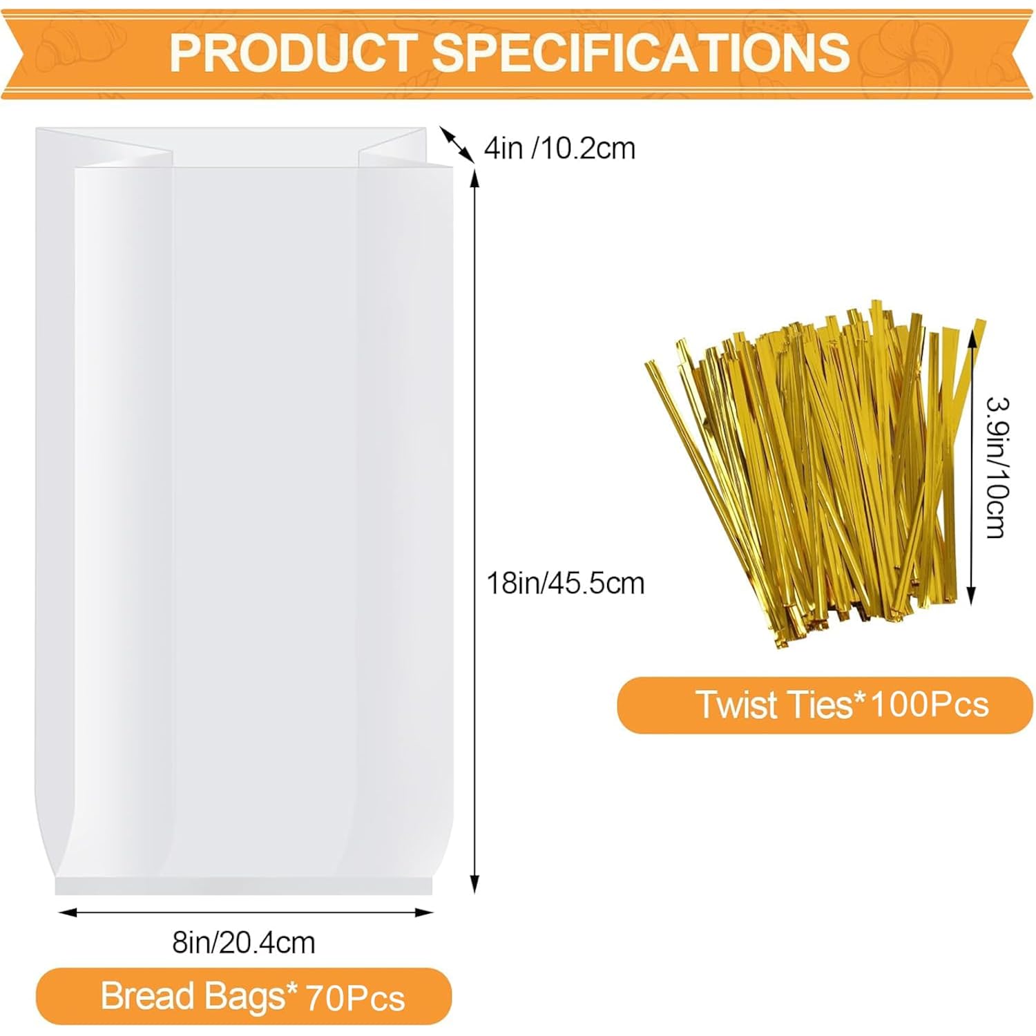 Vivinin 70 Pack Bread Bags & 100 Pack Ties, 8" X 4" X 18" Clear Bread Bags For Homemade Bread, Reusable Plastic Bread Storage Bags For Bakers, Bakery Owners