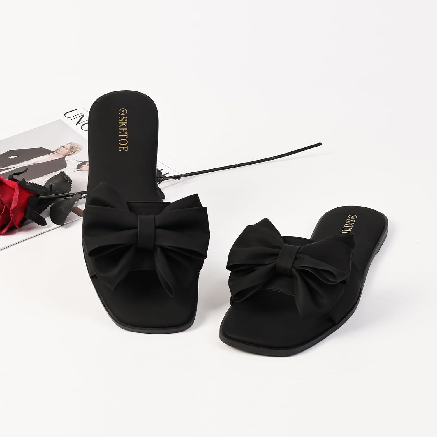 Women'S Bow Flat Sandals Open Saquare Toe Comfortable Slide For Wedding Beach Vacation
