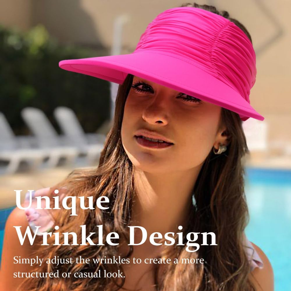 Women Visor Sun Hat Adjustable Foldable Wide Brim Sun Hats Summer UPF 50+ UV Protection Visor Cap for Outdoor Beach Fuschia a