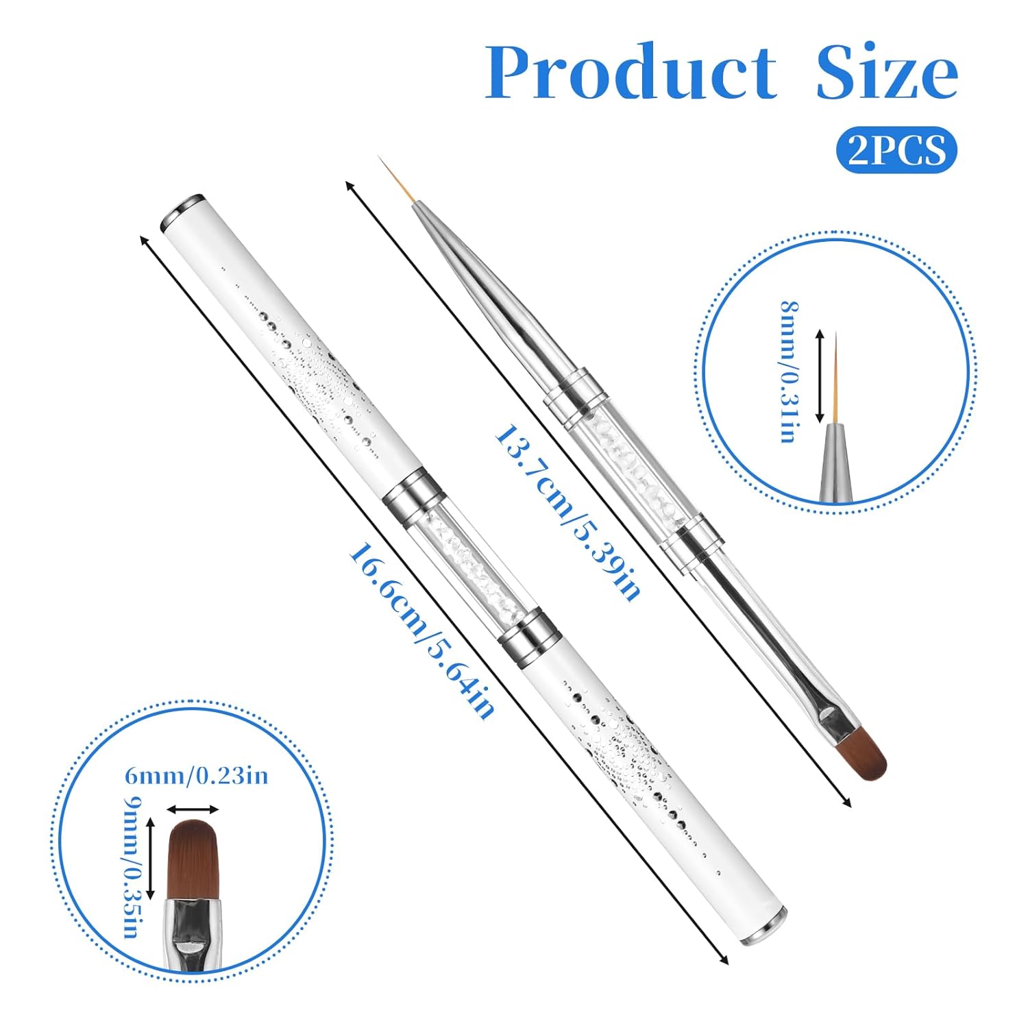 JJUNW 2 Pcs Double Ended Nail Builder Gel Brush, French Tip Brush Hard Gel for Nails, Brush Liner Brush Nails Hard Gel for Design Nails Professional Nail Art(White)
