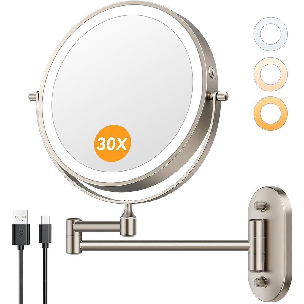 Auxmir 1X/30X Wall Mounted Lighted Makeup Mirror, 8" 3200 Mah Rechargeable Double-Sided Magnifying Mirror, Touch Dimmable 3 Color Lights, 360° Rotating Foldable 14.5" Extension Arm, Brushed Nickel