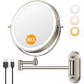 Auxmir 1X/30X Wall Mounted Lighted Makeup Mirror, 8" 3200 Mah Rechargeable Double-Sided Magnifying Mirror, Touch Dimmable 3 Color Lights, 360° Rotating Foldable 14.5" Extension Arm, Brushed Nickel