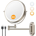Auxmir 1X/30X Wall Mounted Lighted Makeup Mirror, 8" 3200 Mah Rechargeable Double-Sided Magnifying Mirror, Touch Dimmable 3 Color Lights, 360° Rotating Foldable 14.5" Extension Arm, Brushed Nickel