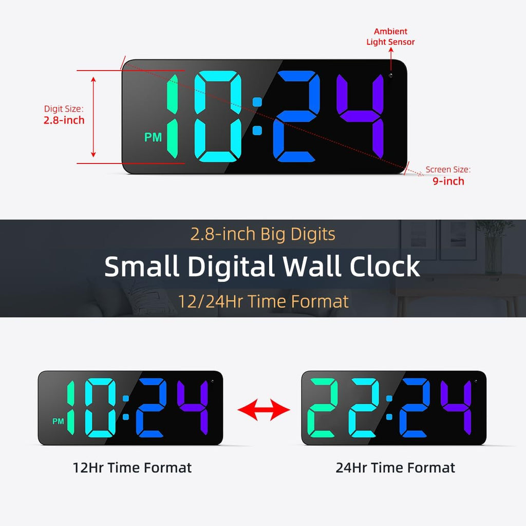 Led Digital Wall Clock With Dynamic Rgb Display, Big Digits, Auto-Brightness, 12/24Hr Format, Modern Electric Small Silent Wall Clock For Living Room, Bedroom, Classroom, Farmhouse, Kitchen, Office
