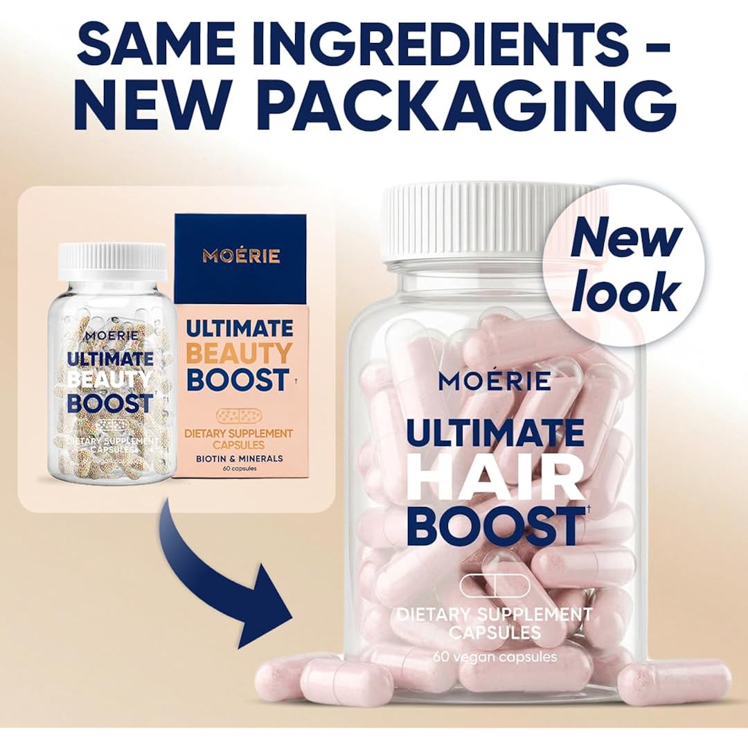 Moerie Ultimate Hair Boost Supplements For Women & Men - Hair, Skin, Nails Vitamins With Biotin & Minerals For Hair Health - Thicker Hair - 60 Capsules