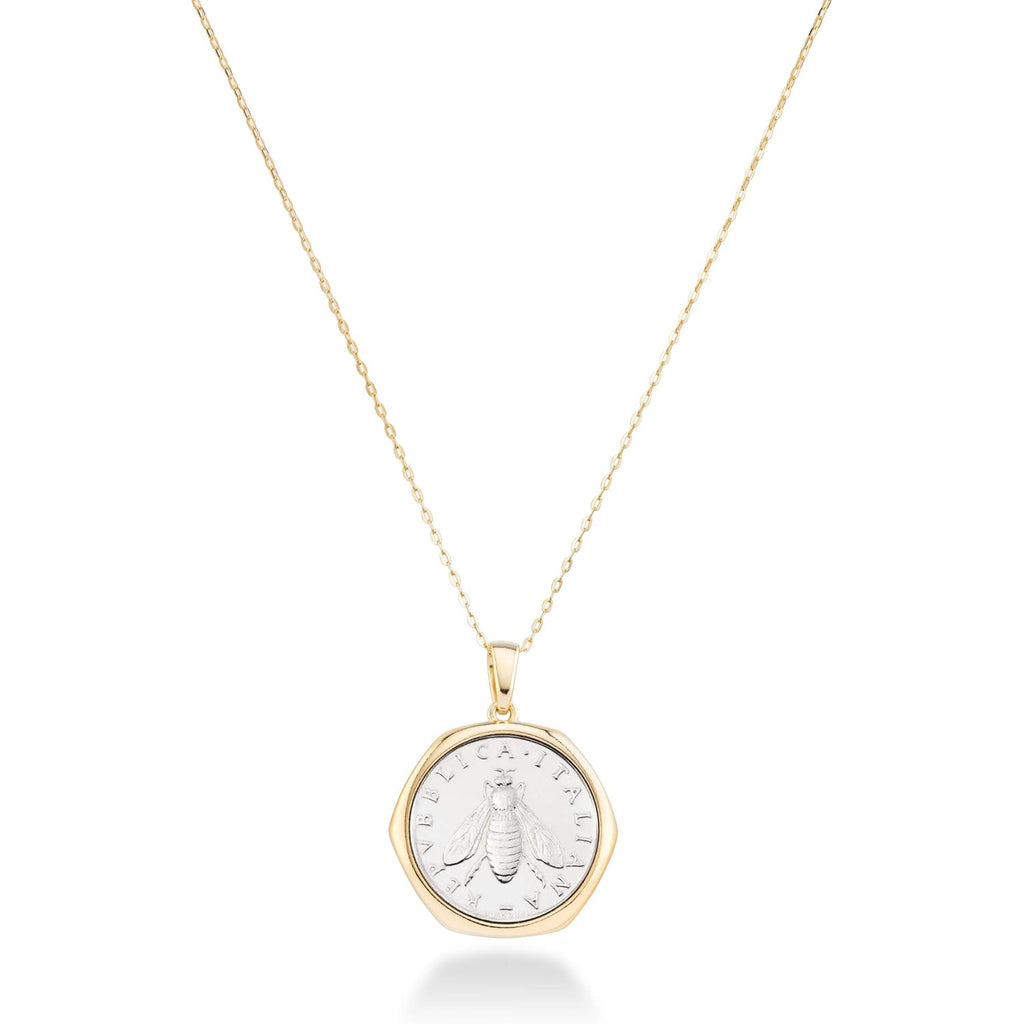 Miabella Italian 18K Gold Plated 925 Sterling Silver Genuine 2-Lira Bee Coin Medallion Pendant Necklace for Women 18 Inch Chain, Made in Italy