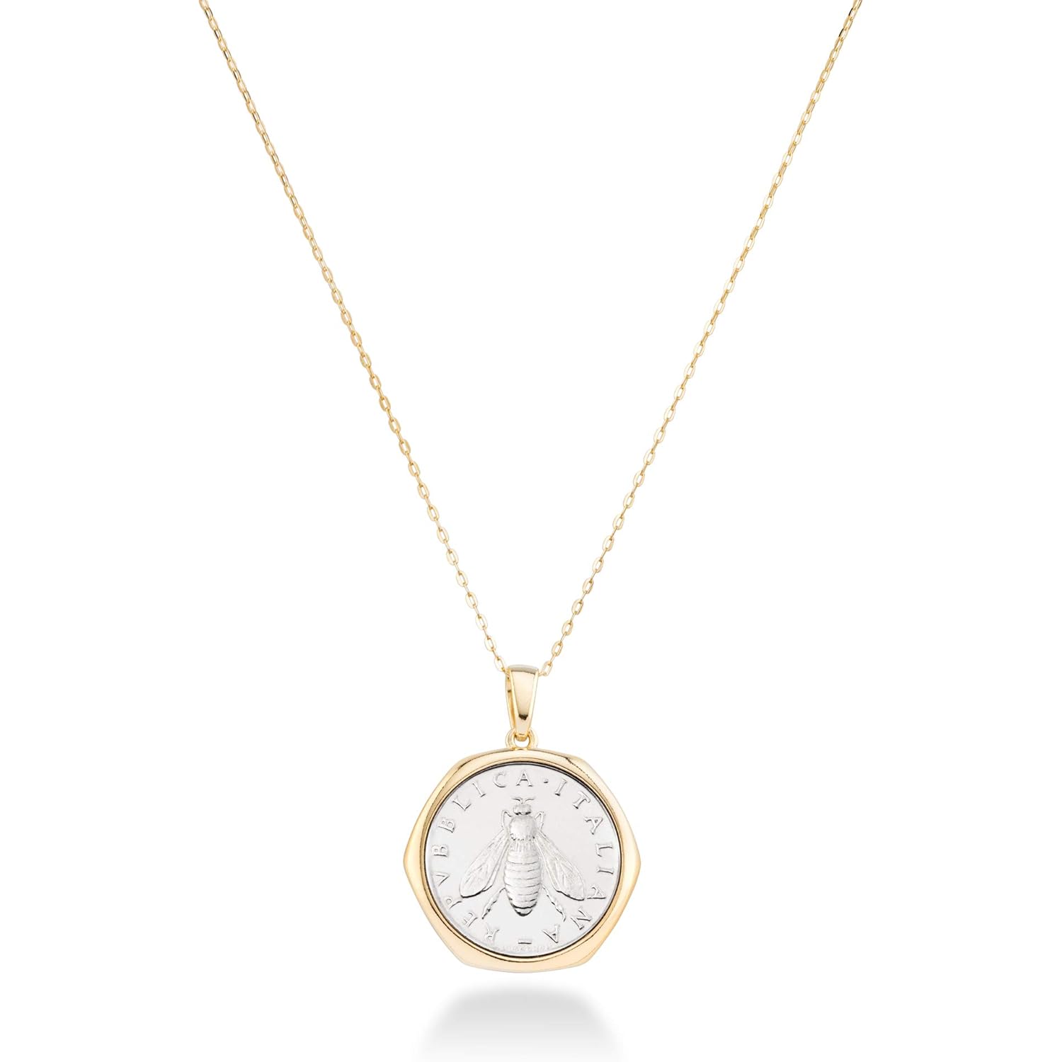 Miabella Italian 18K Gold Plated 925 Sterling Silver Genuine 2-Lira Bee Coin Medallion Pendant Necklace for Women 18 Inch Chain, Made in Italy