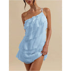Soly Hux Women'S Mini Dress One Shoulder Ruffle Mesh Dresses Layered Backless Vacation Party Sundresses