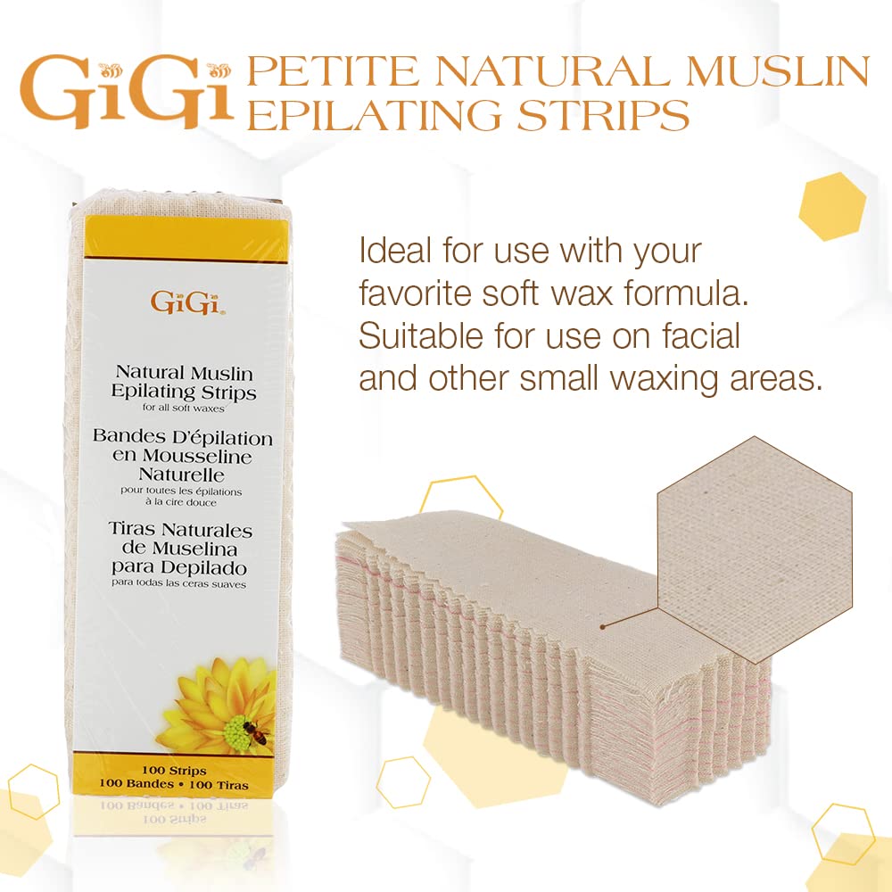 GiGi Waxing Strips for Hair Waxing/Hair Removal, Small Natural Muslin, 100 Epilating Strips