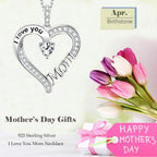 Mothers Day Jewelry Birthday Gifts for Mom I Love You Mom Necklace Wife May Birthstones Emerald Ruby Pearl and More Stones Jewelry for Women 925 Sterling Silver Heart Pendant Necklace