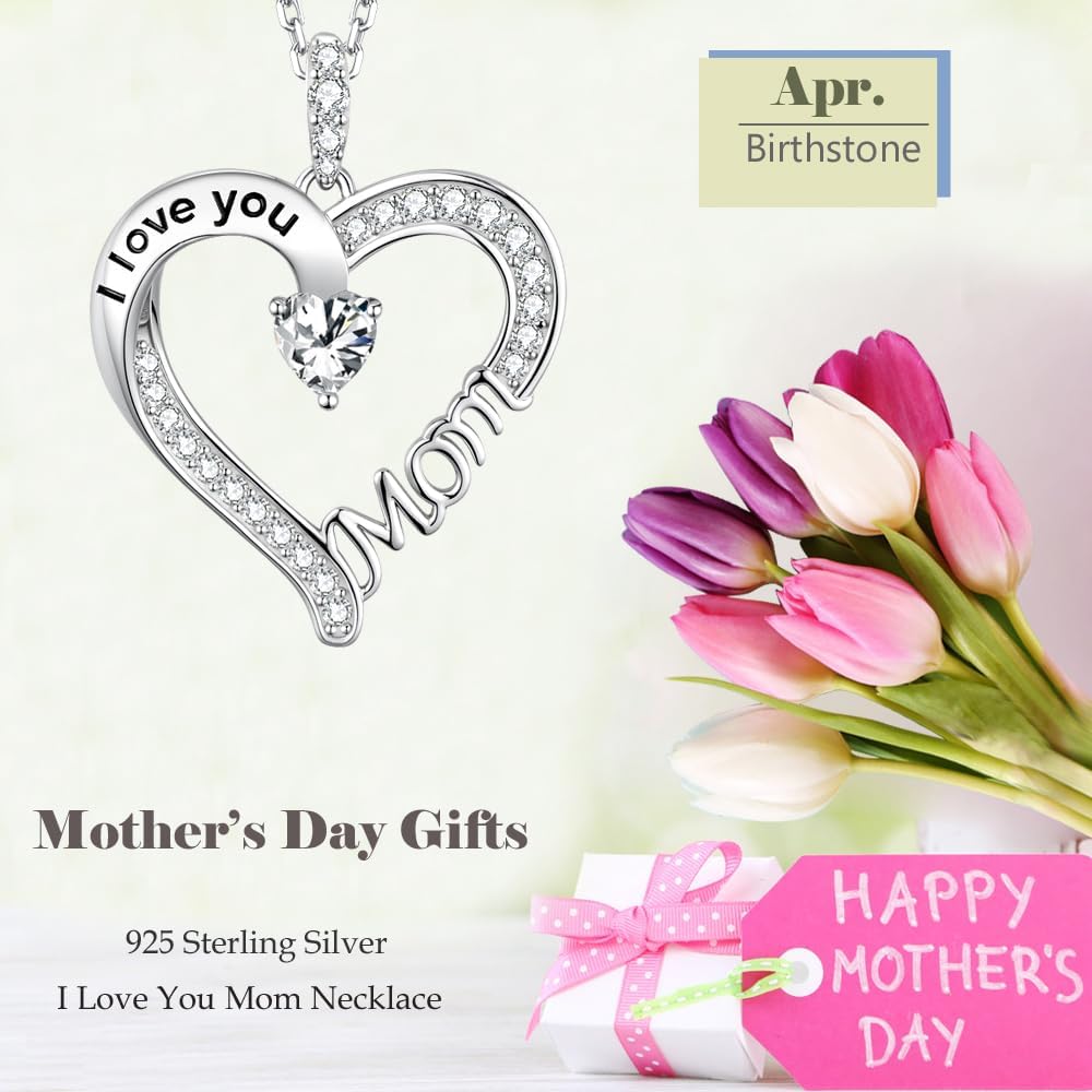 Mothers Day Jewelry Birthday Gifts for Mom I Love You Mom Necklace Wife May Birthstones Emerald Ruby Pearl and More Stones Jewelry for Women 925 Sterling Silver Heart Pendant Necklace