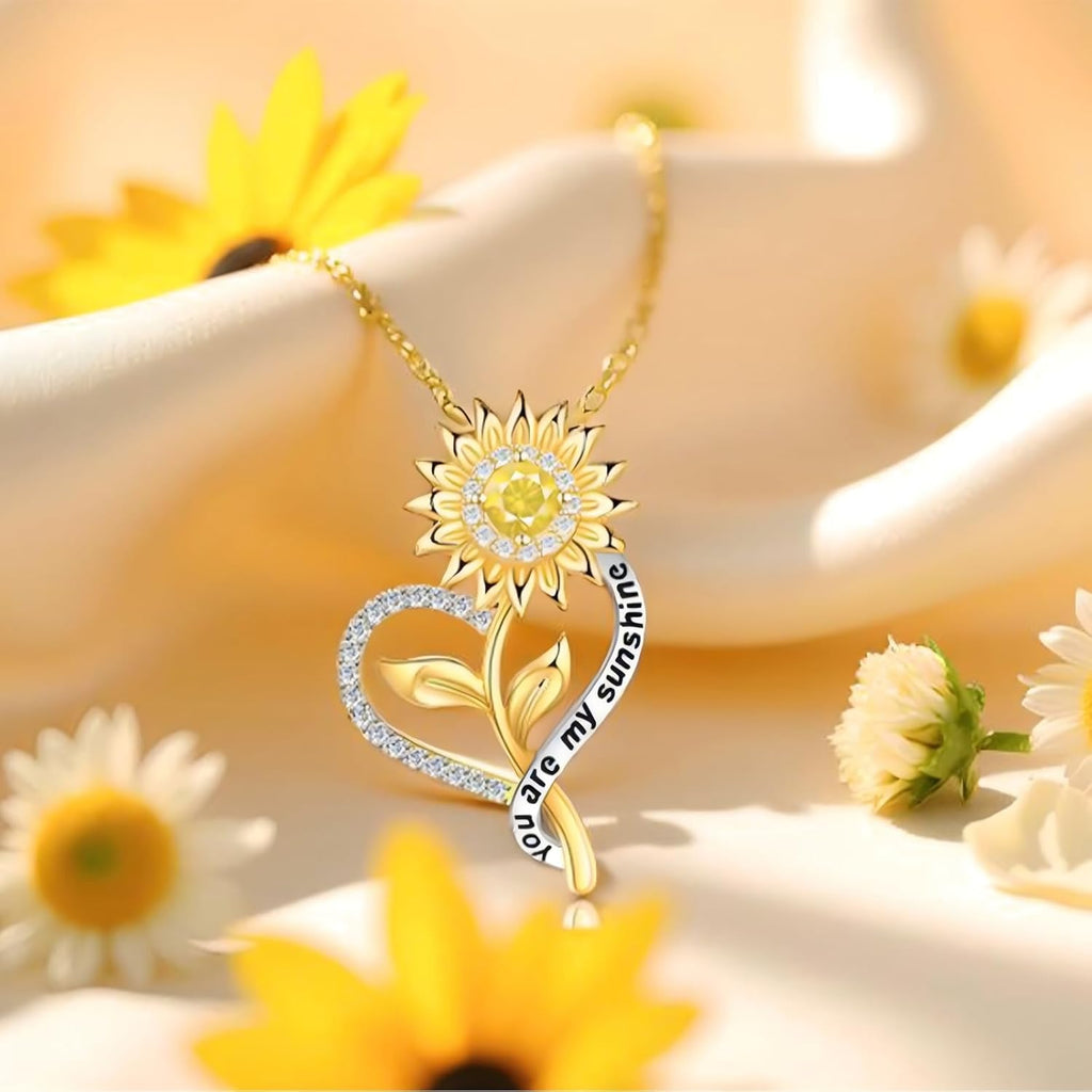 Gift for Wife Women-18k Gold Plated Sunflower Necklace for Women Anniversary Birthday Gold Jewelry You Are My Sunshine Pendant Necklaces Gifts for Her Girlfriend Mom Grandma Daughter
