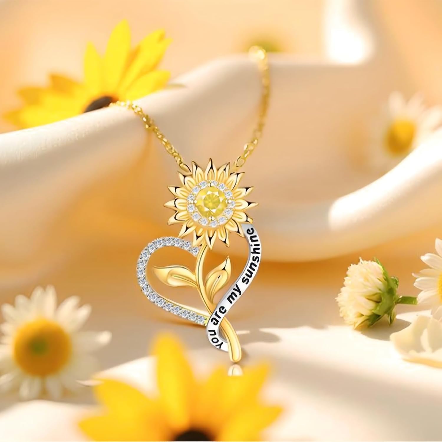 Gift for Wife Women-18k Gold Plated Sunflower Necklace for Women Anniversary Birthday Gold Jewelry You Are My Sunshine Pendant Necklaces Gifts for Her Girlfriend Mom Grandma Daughter