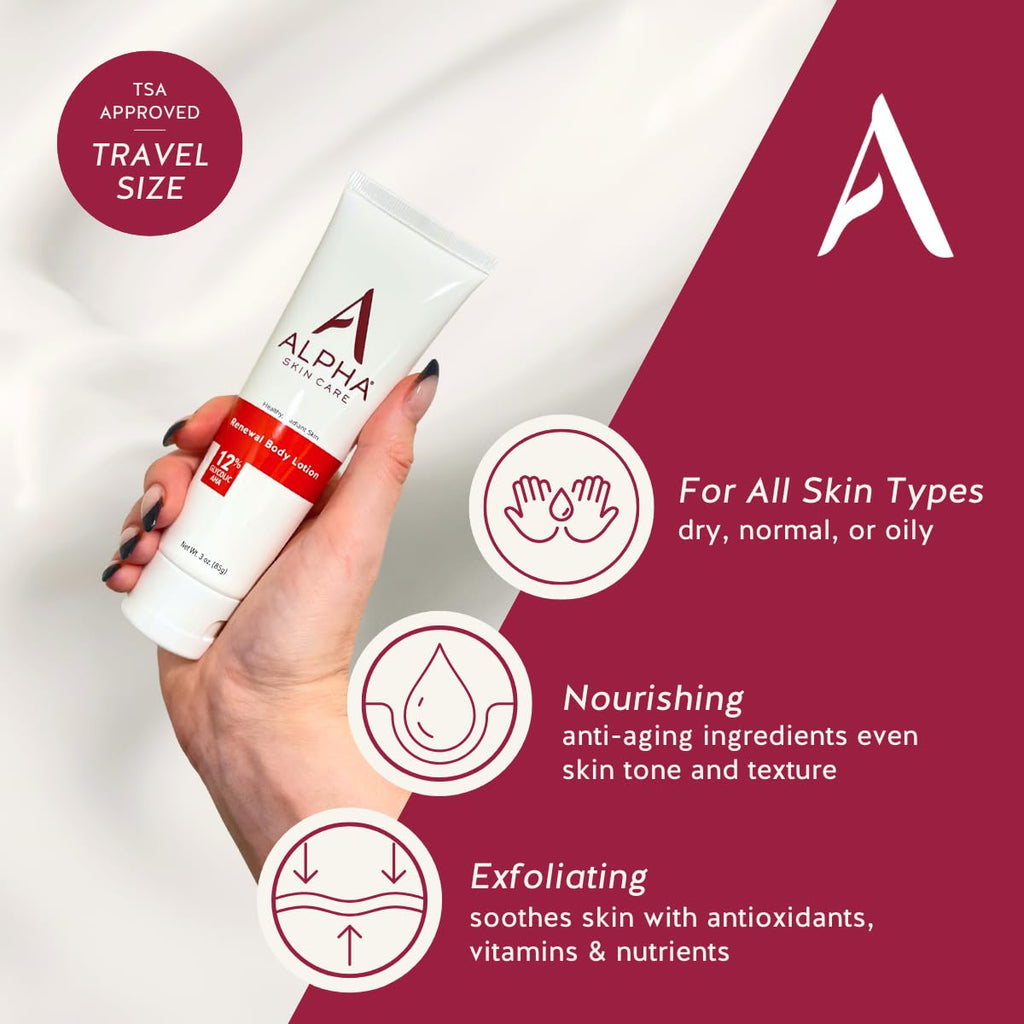 Alpha Skin Care Revitalizing Body Lotion, 12% Glycolic Aha, Simple & Effective Daily Moisturizer Hydroxy Acid, Hydrates & Exfoliates For Soft, Smooth Skin, Anti-Aging, Travel Size, 3 Oz