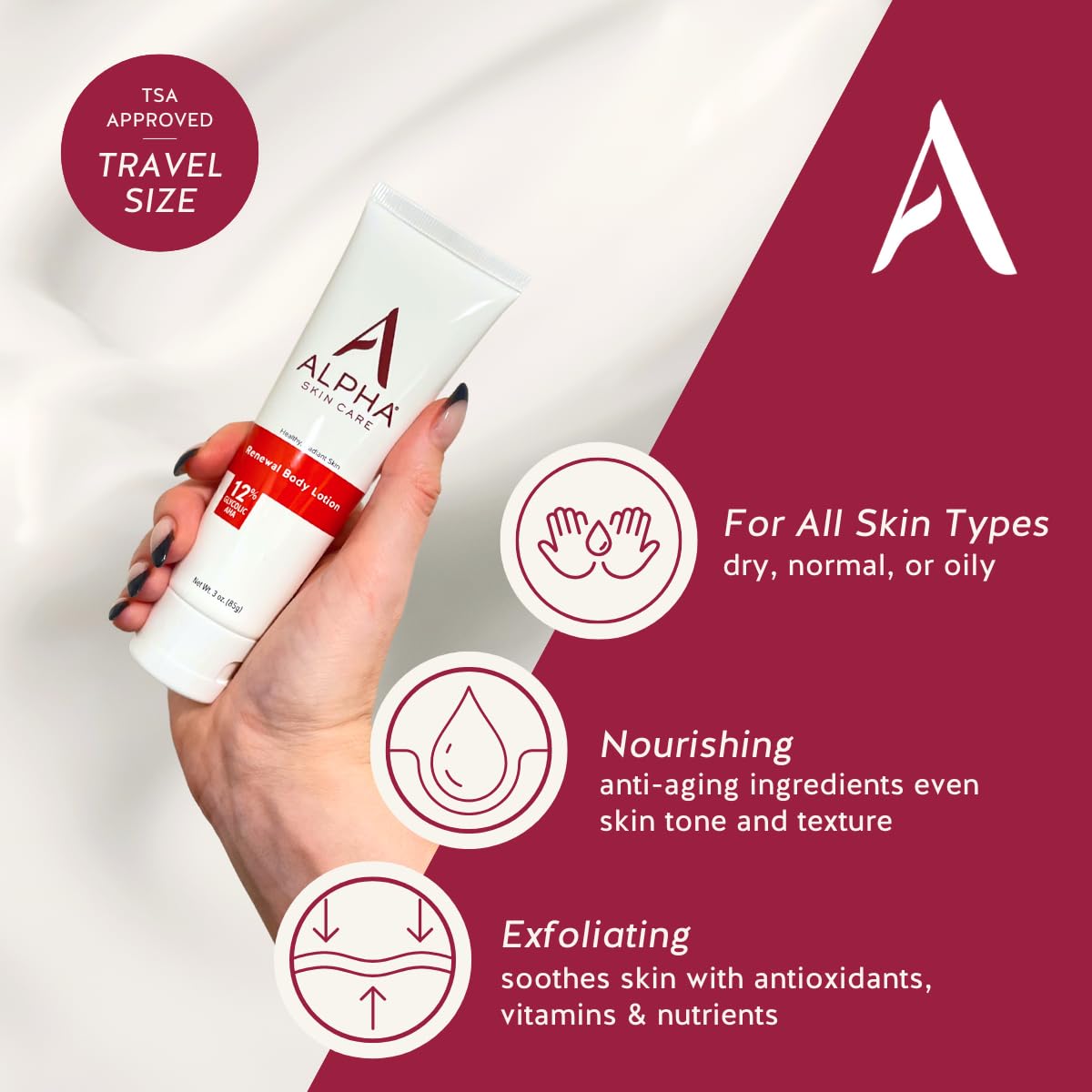 Alpha Skin Care Revitalizing Body Lotion, 12% Glycolic Aha, Simple & Effective Daily Moisturizer Hydroxy Acid, Hydrates & Exfoliates For Soft, Smooth Skin, Anti-Aging, Travel Size, 3 Oz