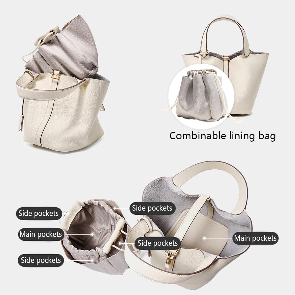 Genuine Leather Lock Design Bucket Bag Vegetable Basket, Fashionable And Versatile Satchel Handbag