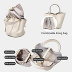 Genuine Leather Lock Design Bucket Bag Vegetable Basket, Fashionable And Versatile Satchel Handbag