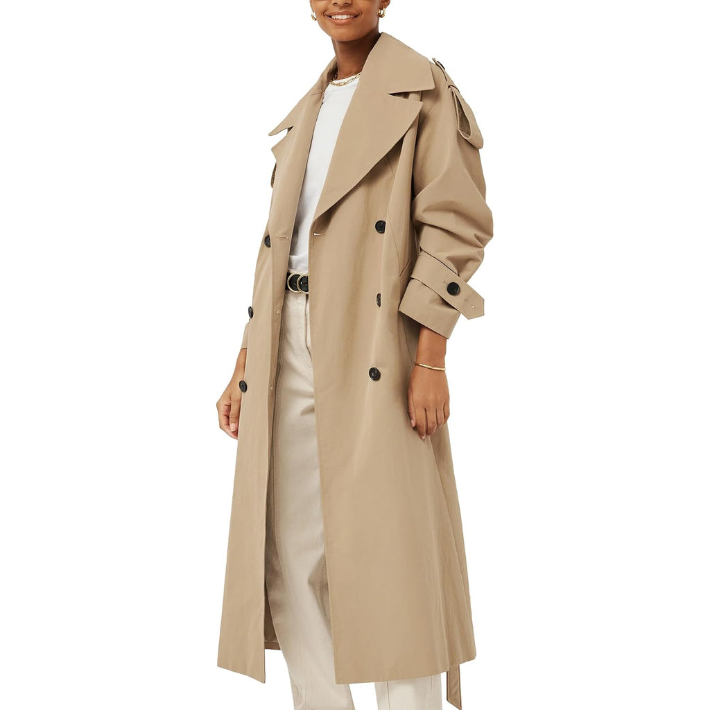 Womens Oversized Long Trench Coat Double Breasted Lapel Windproof Overcoat With Belt