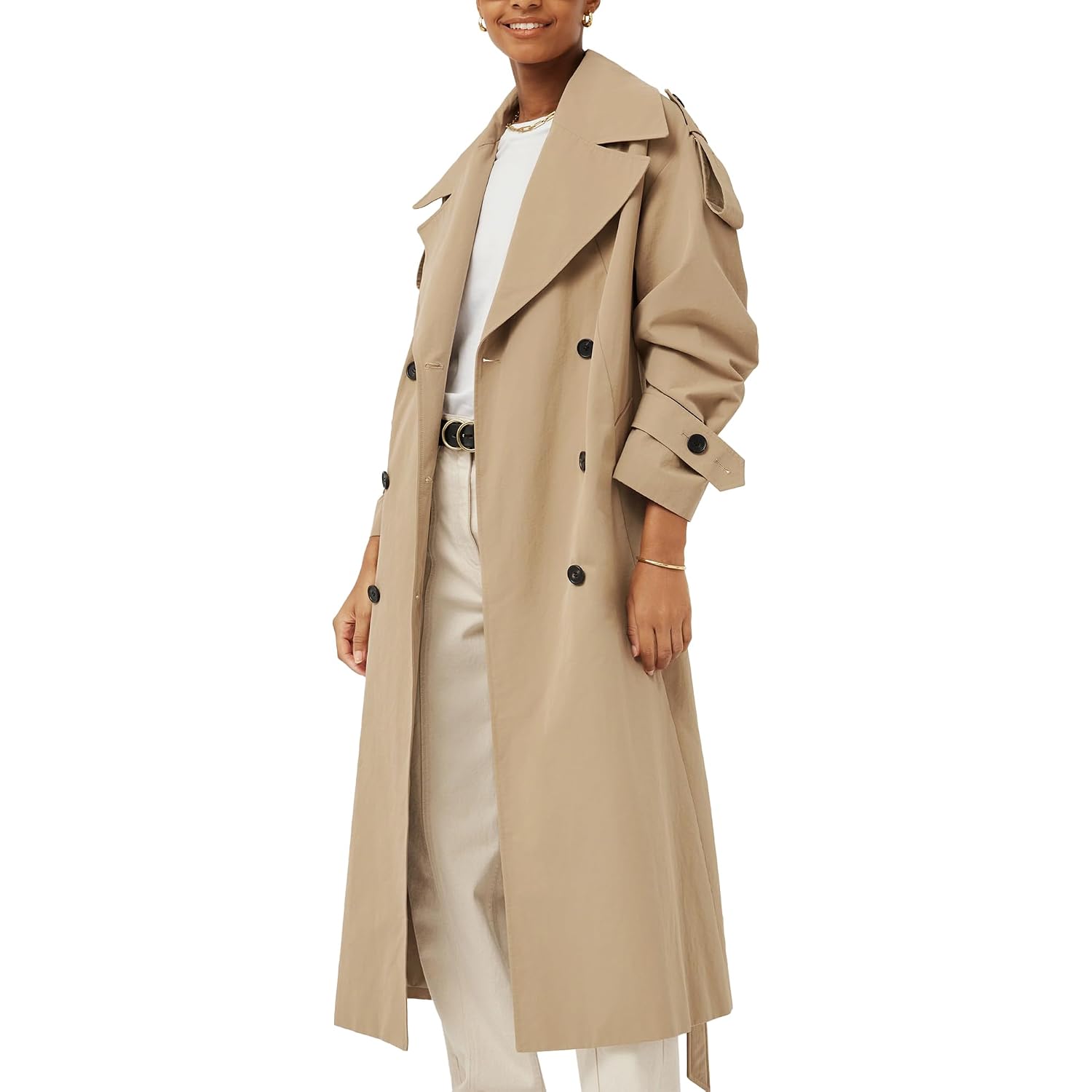 Womens Oversized Long Trench Coat Double Breasted Lapel Windproof Overcoat With Belt