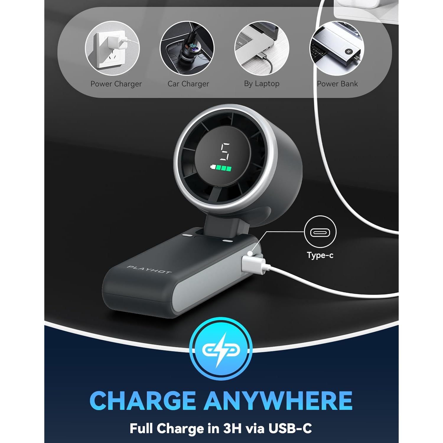 Playhot Portable Handheld Turbo Fan, 5 Gear Wind, Usb-C Rechargeable Fan, Up To 12 Working Hours, 3 In 1 Hand Fans With Air Turbo Tech Cooling Fan For Outdoor Activities, Travel, Beach (Black)
